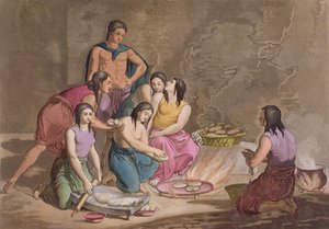 Azteekse vrouwen maken maïsbrood, Mexico, uit 